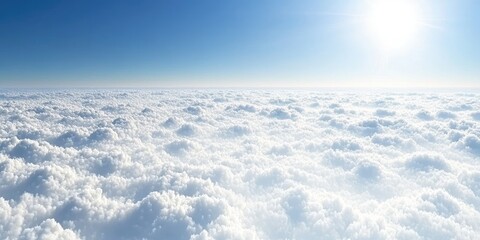 Naklejka premium Aerial view of fluffy cloudscape, sunny sky, peaceful background, travel imagery