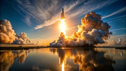 Naklejka premium A rocket's plume reflecting sunlight during its ascent