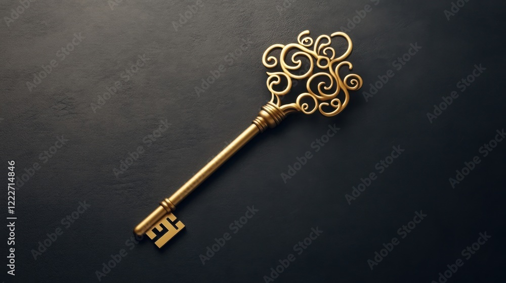 Poster a detailed 3d render of a golden key lying on a dark background