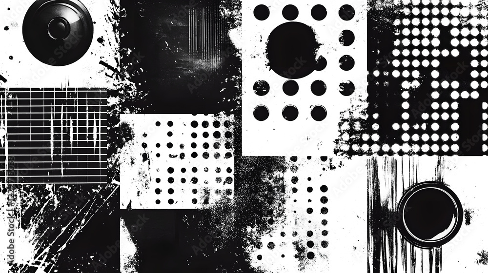 Poster Monochromatic Abstract Grunge Texture with Overlapping Geometric Patterns and Distorted Shapes