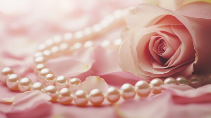 Rose is on top of a pile of pink petals and pearls