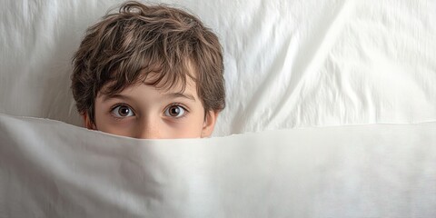 Curious boy with brown hair peeking out from a white pillow against a soft white backdrop, expressing innocence and wonder.