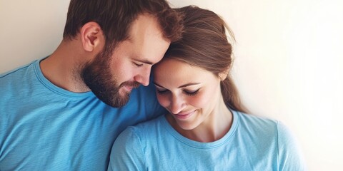 Couple in light blue shirts joyfully embracing with foreheads touching against a soft white backdrop creating an intimate romantic scene