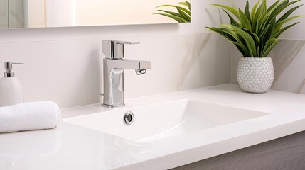 Fototapeta premium Interior design minimalist idea. Modern bathroom sink with sleek faucet and minimalist design, perfect for contemporary spaces.