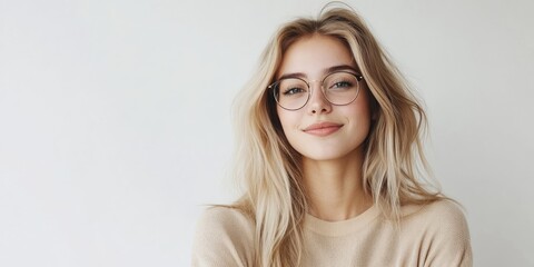 Cheerful young woman with long blonde hair wearing glasses, smiling against a light beige backdrop, ample space for text on the right side.