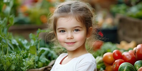 Smiling girl in a garden surrounded by vibrant green vegetables and ripe red tomatoes, with a soft focus on fresh produce in the background