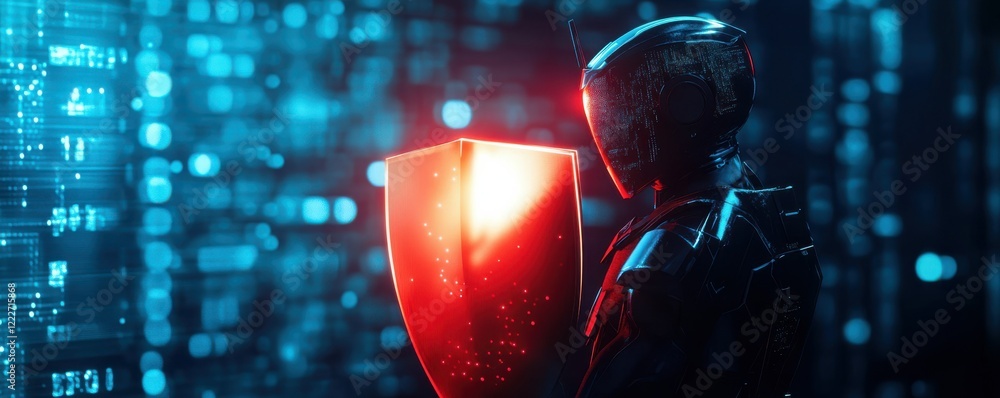 Aufkleber futuristic cybersecurity concept with robot holding shield in digital environment