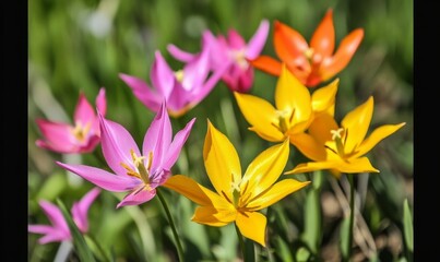 Fototapeta premium Field of bright tulips in pink, yellow, orange, purple, and red as a vibrant nature background