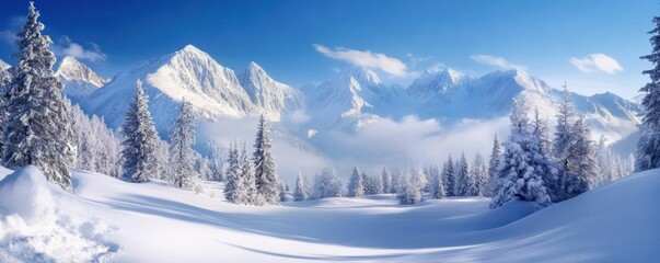 Majestic snow-covered mountains and pine trees under clear blue sky