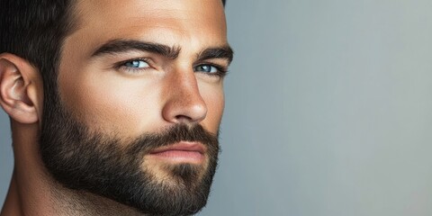 Obraz premium Close up portrait of a confident man with a groomed beard and striking blue eyes gazing to the side against a smooth neutral gray backdrop