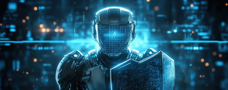 Futuristic robotic warrior with digital shield in neon glowing cyberspace