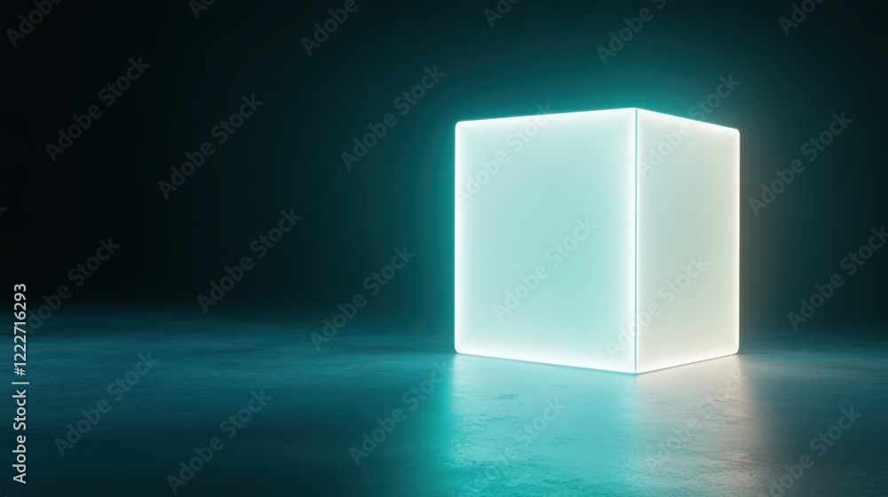 Poster a glowing 3d cube floating in the center of a dark background.