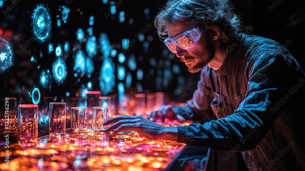 Poster man interacts with a futuristic interactive light display
