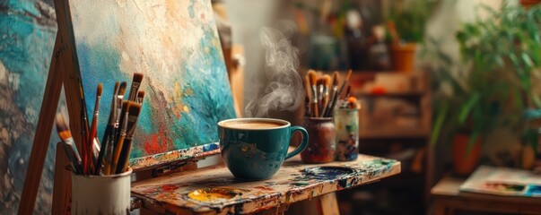 Art studio with abstract painting and steaming coffee on colorful easel