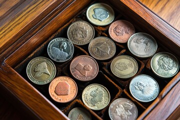 A collection of rare coins in a wooden display box
