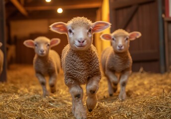 Obraz premium Adorable Young Lambs Playfully Running in a Rustic Barn Setting, Surrounded by Straw, Capturing the Joy and Innocence of Farm Life