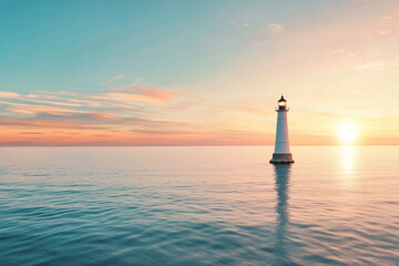 serene lighthouse stands tall against vibrant sunset over calm waters, reflecting warm hues of sky