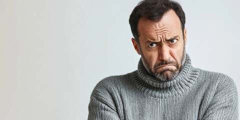Obraz premium Middle aged man in a gray turtleneck sweater frowning with crossed arms against a plain white background showcasing a dissatisfied expression.