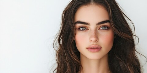 Fototapeta premium Brunette woman with wavy hair and natural makeup centered against a soft white background, highlighting her striking features and expressive eyes