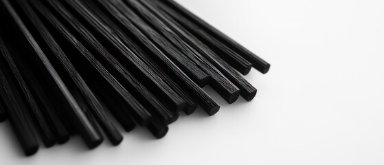 A collection of black chopsticks arranged neatly on a surface.