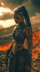 Fierce warrior with scars and tribal tattoos, her braids swinging as she stands confidently in a fiery desert battlefield.