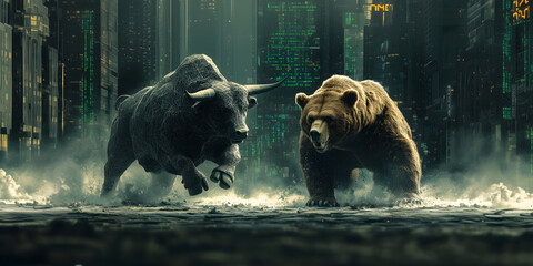 Bull vs. bear market: Bullish and bearish trends illustrated by a bull and bear facing off. Modern abstract concept for Wall Street business, finance, trading, cryptocurrency and bull market trader. 