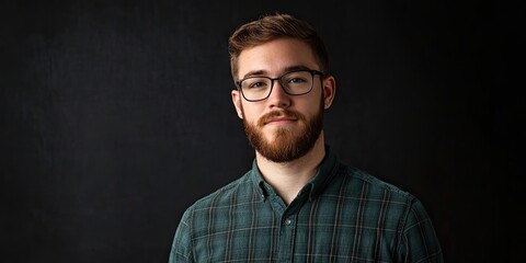 Obraz premium Young professional man with glasses in a checkered shirt against a dark background, offering ample space for text or graphics on the left.