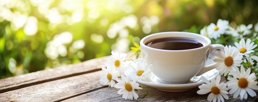 A cup of coffee with white flowers on the wooden table. Top view. Spring. Background, wallpaper, poster or banner.