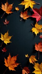 Fototapeta premium Golden autumn leaves scattered on a black surface with a few twigs, twigs, textures, fall