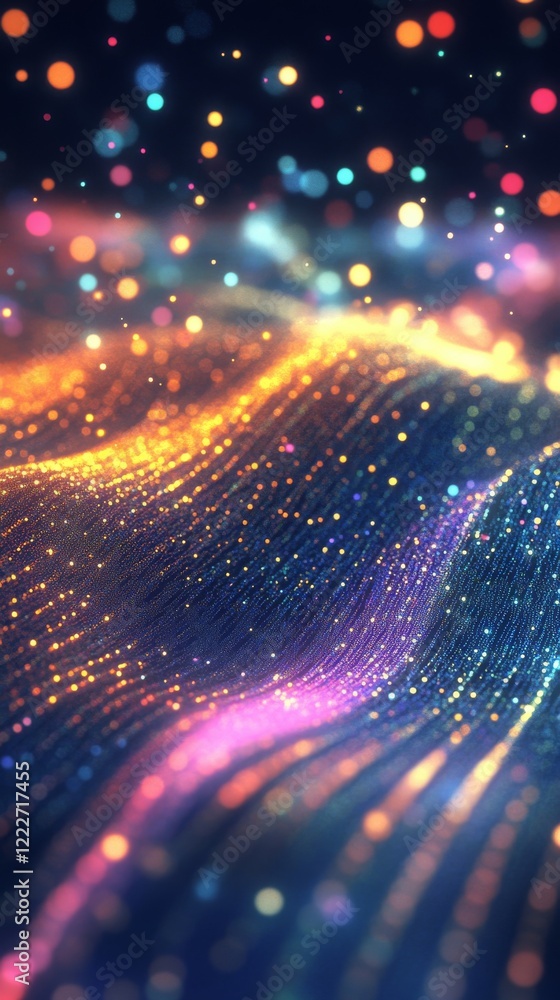 Poster fiber optic performance concept. vibrant lines of colorful dots create mesmerizing visual effect