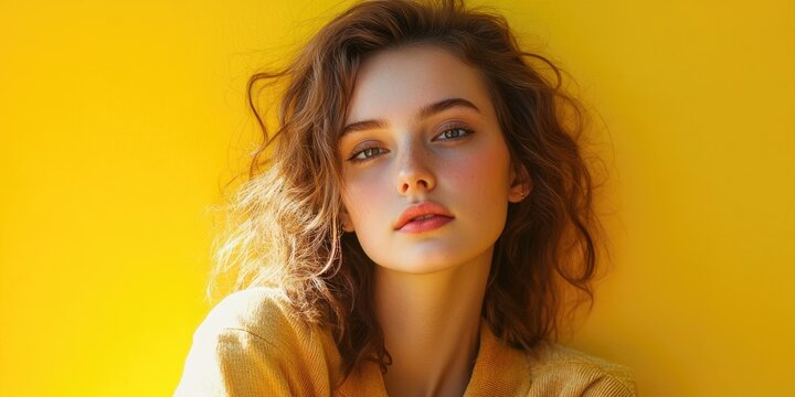 Young woman with wavy hair dressed in casual attire poses in front of a vibrant yellow backdrop conveying warmth and confidence in her expression.