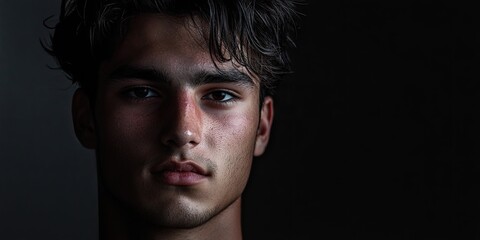 Fototapeta premium Confident young man's close-up portrait with tousled dark hair against a textured dark background highlighting facial features and expression.