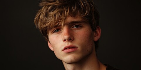 Close-up studio portrait of a young male with tousled blonde hair and fair skin against a dark background, showcasing natural expression and charisma.