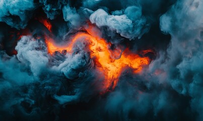 Fototapeta premium Fiery flames and dark smoke create chaotic, intense atmosphere