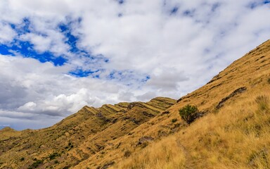 Scenic grassy mountainside under clouds