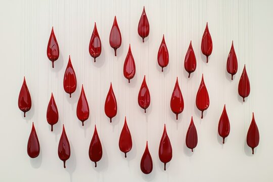 A wall installation featuring multiple red teardrop shapes, creating a striking visual effect.