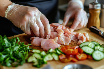 Preparing fresh chicken with vegetables on wooden cutting board