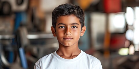 Fototapeta premium Young boy wearing a white t-shirt standing confidently with a neutral expression in a blurred workshop background featuring warm colors.