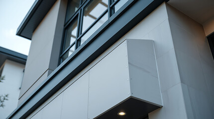 Modern Architectural Design: Sleek Exterior with Grey Metal Panels and Large Windows. Contemporary Home Facade, Urban Residential Property