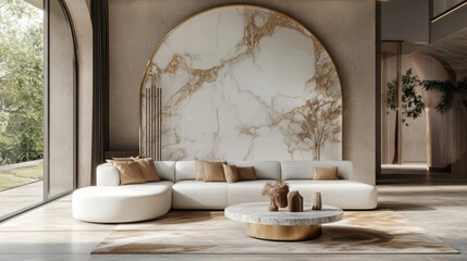 Modern living room design featuring marble accents and neutral tones in a spacious interior