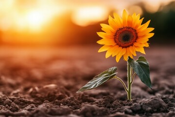 A solitary sunflower growing in the middle of a barren field, its bright yellow petals standing out against the dull landscape