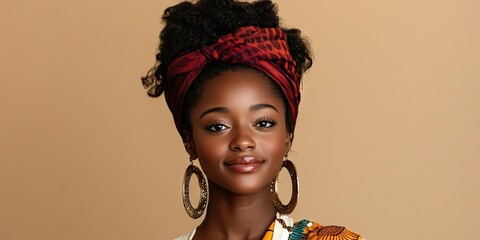 Elegant portrait of a smiling young African woman in vibrant ethnic attire with a red headwrap and large earrings against a soft beige backdrop.