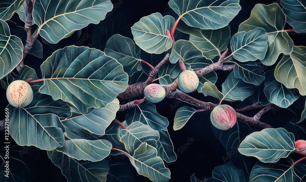 Poster fig tree branch with leaves close-up background