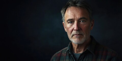 Middle aged man with gray hair wearing a plaid shirt against a dark background, looking directly at the viewer with a serious expression.