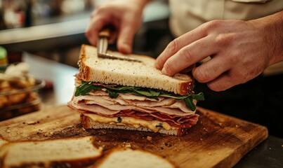 Gourmet Sandwich Making A chef making a gourmet sandwich, the focus sharp on the sandwich with the deli background blurred