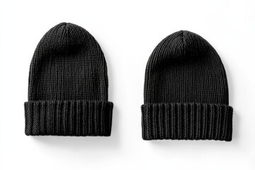 Stylish black knitted beanies displayed side by side on a clean white background for winter fashion accessories