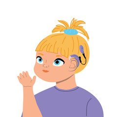 Child girl with cochlear implant in cartoon style. Hear impairment and deaf community concept. Vector illustration