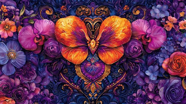   A vibrant painting depicts purple and orange blossoms encircling a central butterfly, with an array of smaller blooms in the background