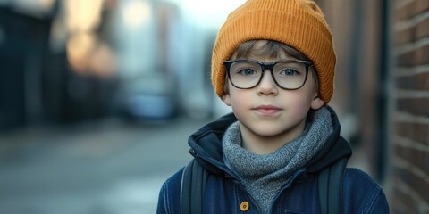 Stylish boy wearing an orange beanie and glasses in a blurred urban street setting with brick walls, daytime natural light, soft colors.