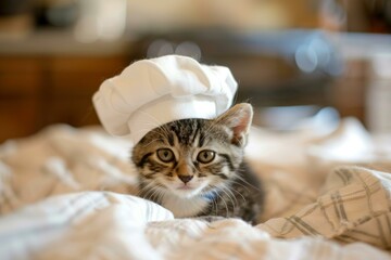 Adorable tabby kitten wearing chef hat lying on bed, ready to become a culinary master